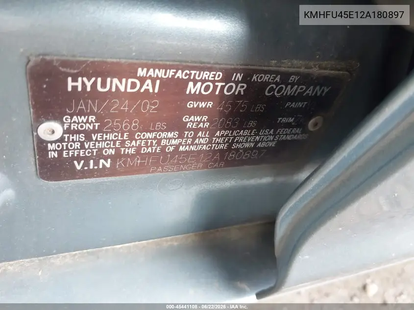 2002 Hyundai Xg350 L VIN: KMHFU45E12A180897 Lot: 45441108