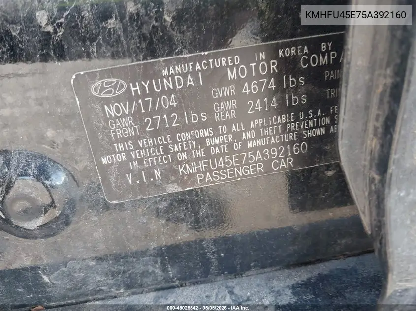 2005 Hyundai Xg350 L VIN: KMHFU45E75A392160 Lot: 45025542