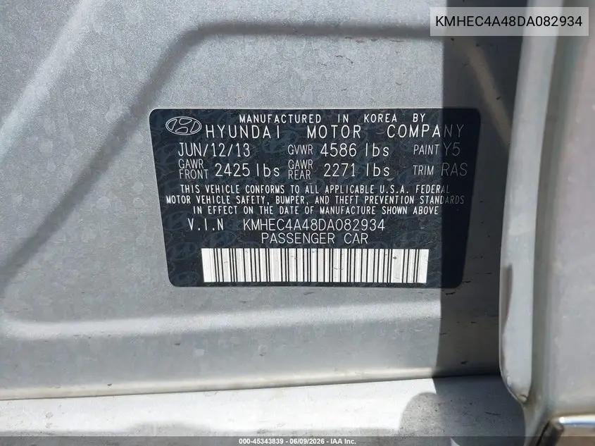 2013 Hyundai Sonata Hybrid VIN: KMHEC4A48DA082934 Lot: 45343839