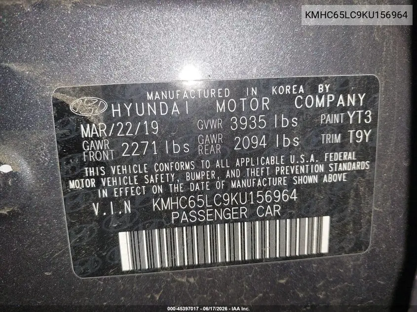 2019 Hyundai Ioniq Hybrid Blue VIN: KMHC65LC9KU156964 Lot: 45397017