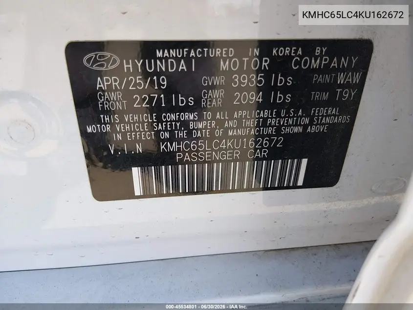 2019 Hyundai Ioniq Hybrid Blue VIN: KMHC65LC4KU162672 Lot: 45534801
