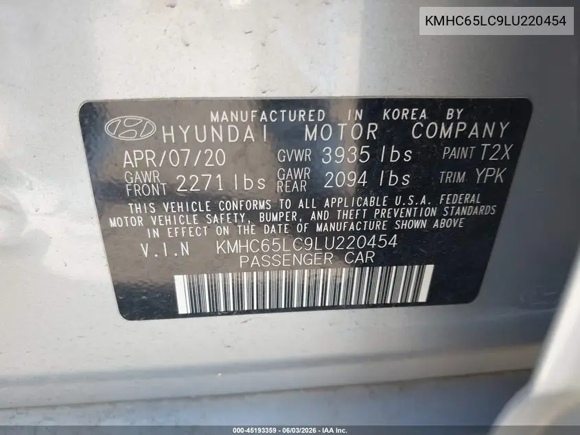 2020 Hyundai Ioniq Hybrid Blue VIN: KMHC65LC9LU220454 Lot: 45193359