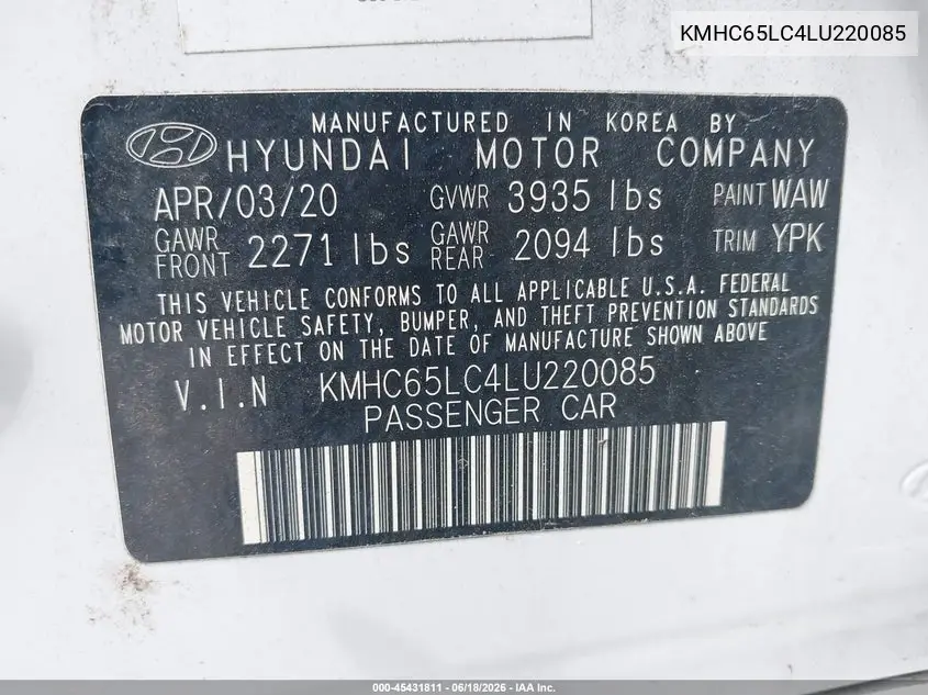 2020 Hyundai Ioniq Hybrid Blue VIN: KMHC65LC4LU220085 Lot: 45431811