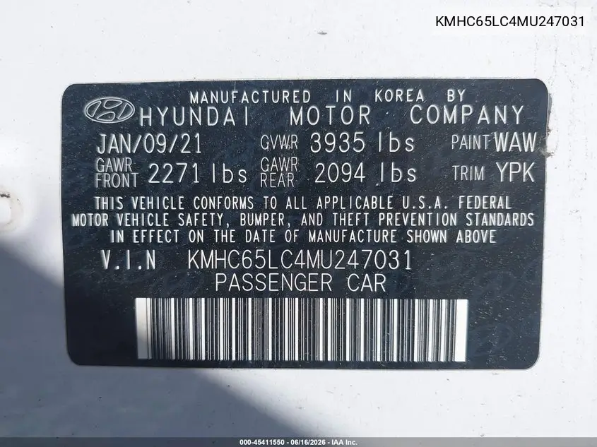 2021 Hyundai Ioniq Hybrid Blue VIN: KMHC65LC4MU247031 Lot: 45411550