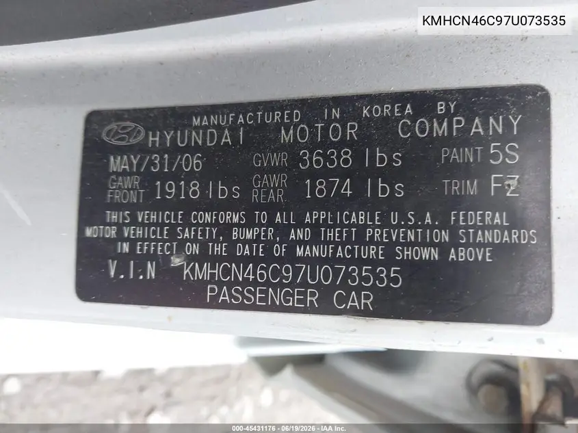 2007 Hyundai Accent Gls VIN: KMHCN46C97U073535 Lot: 45431176