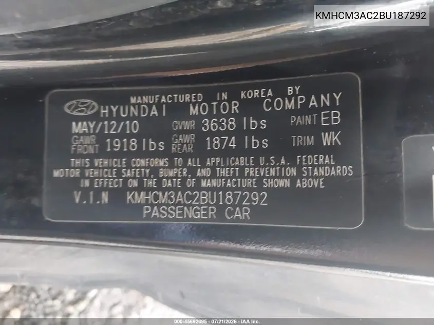 2011 Hyundai Accent Gs VIN: KMHCM3AC2BU187292 Lot: 45692695