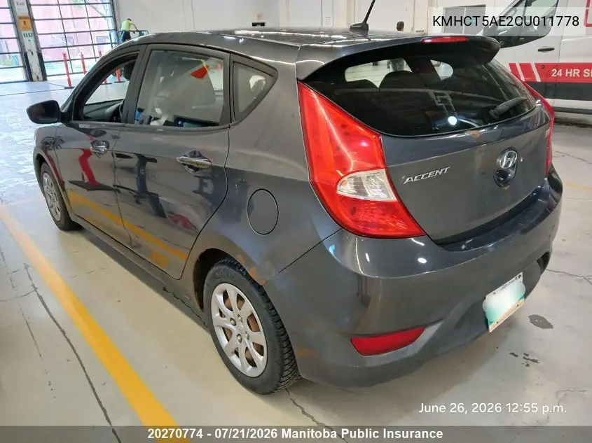 2012 Hyundai Accent Gl VIN: KMHCT5AE2CU011778 Lot: 20270774