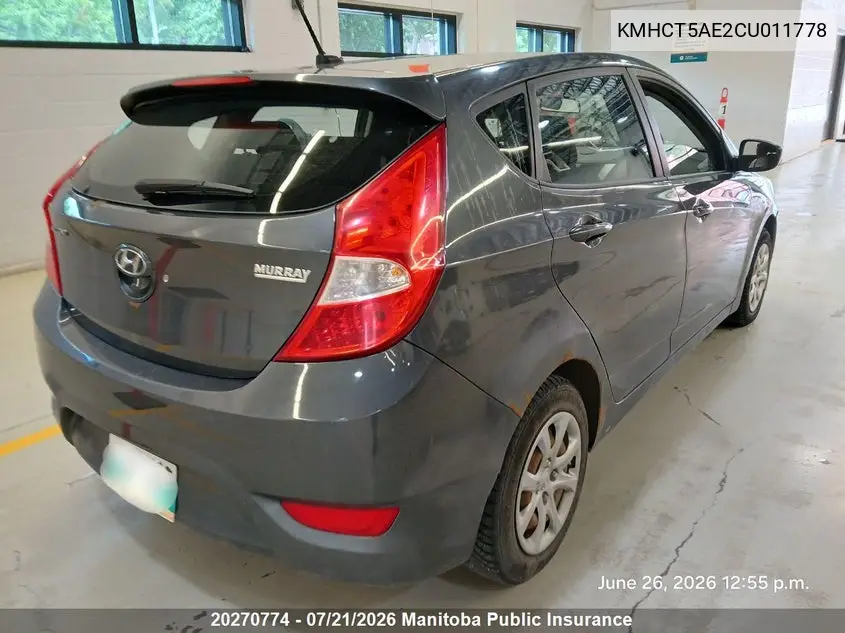 2012 Hyundai Accent Gl VIN: KMHCT5AE2CU011778 Lot: 20270774