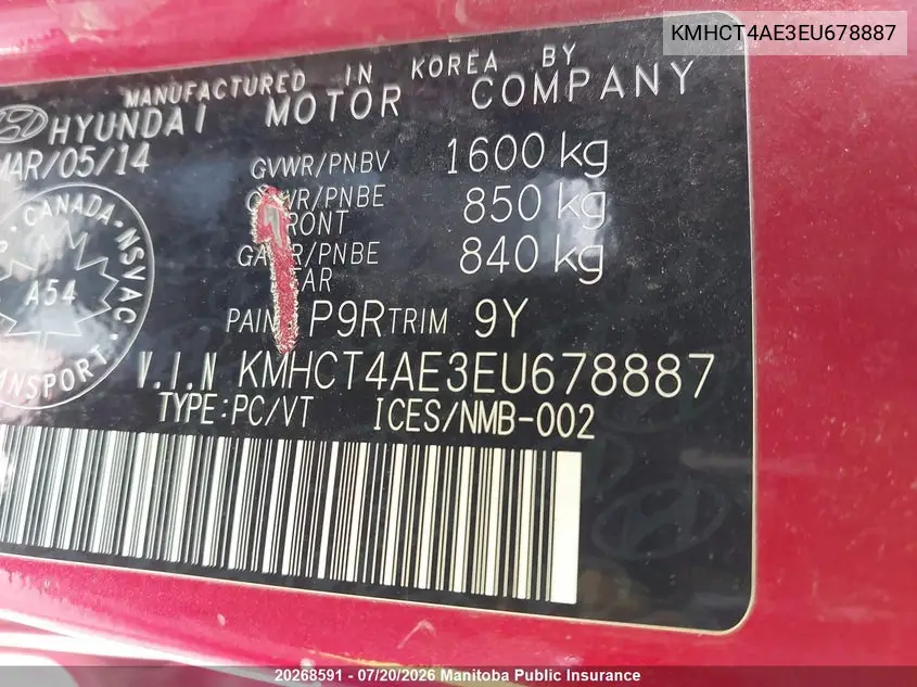 2014 Hyundai Accent Gl VIN: KMHCT4AE3EU678887 Lot: 20268591