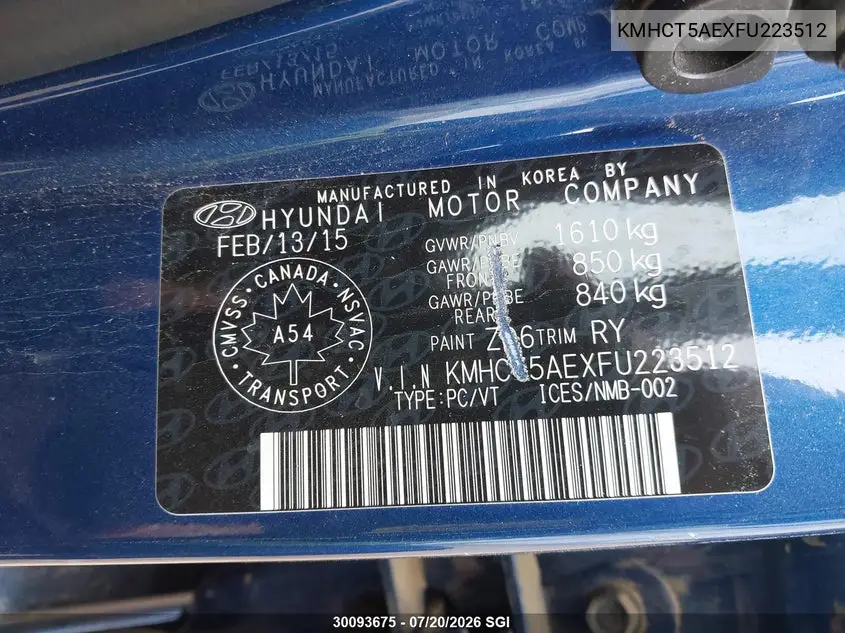 2015 Hyundai Accent Gl VIN: KMHCT5AEXFU223512 Lot: 30093675
