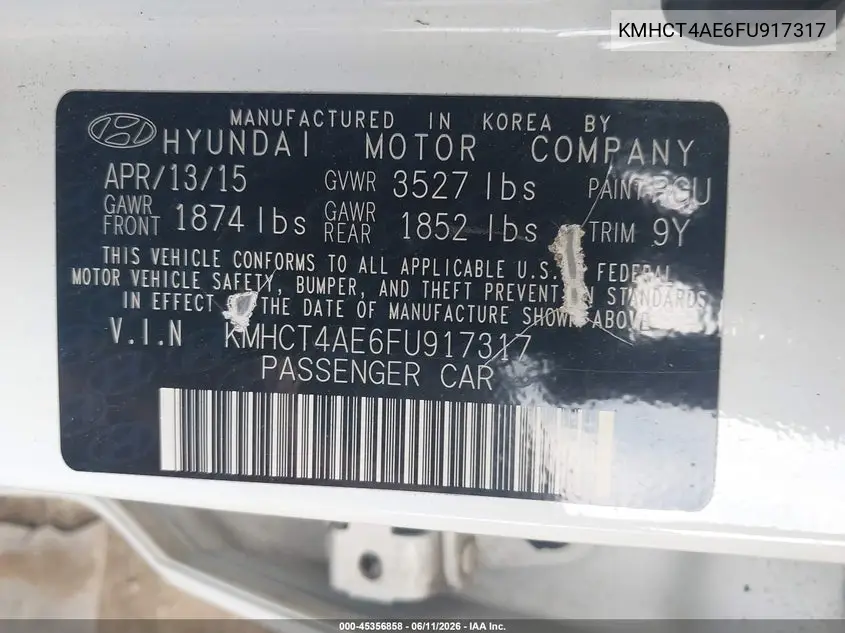 2015 Hyundai Accent Gls VIN: KMHCT4AE6FU917317 Lot: 45356858