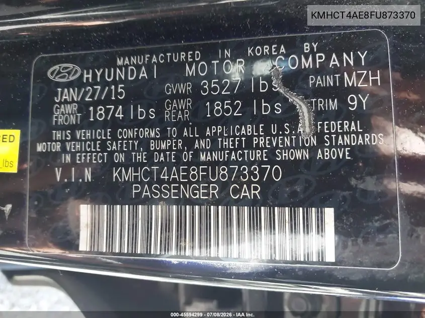 2015 Hyundai Accent Gls VIN: KMHCT4AE8FU873370 Lot: 45594299