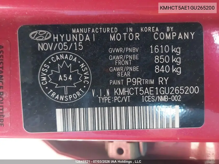 2016 Hyundai Accent Se VIN: KMHCT5AE1GU265200 Lot: 12645921
