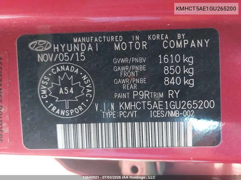 2016 Hyundai Accent Se VIN: KMHCT5AE1GU265200 Lot: 12645921
