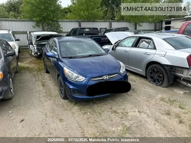 2016 Hyundai Accent Gl VIN: KMHCT4AE3GU121884 Lot: 20268000