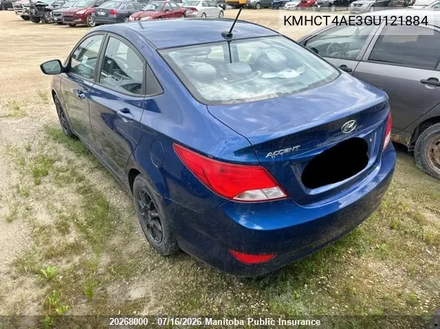 2016 Hyundai Accent Gl VIN: KMHCT4AE3GU121884 Lot: 20268000