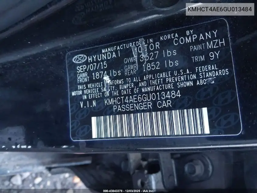 KMHCT4AE6GU013484 2016 Hyundai Accent Se