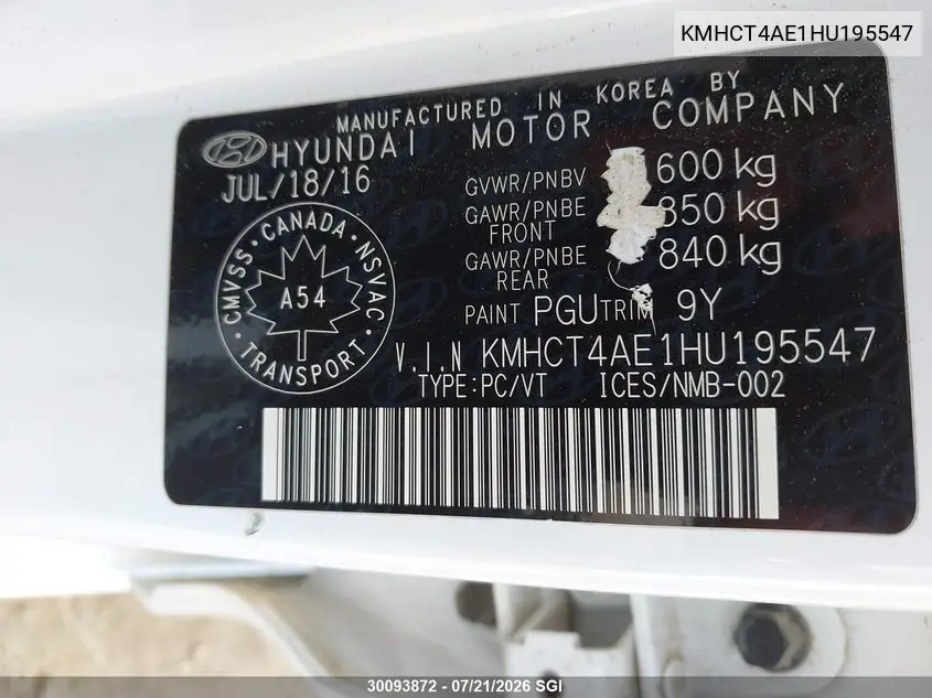 2017 Hyundai Accent Se VIN: KMHCT4AE1HU195547 Lot: 30093872