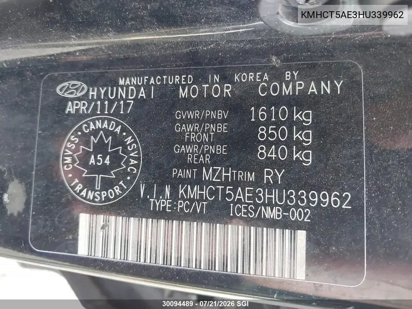 2017 Hyundai Accent Se VIN: KMHCT5AE3HU339962 Lot: 30094489