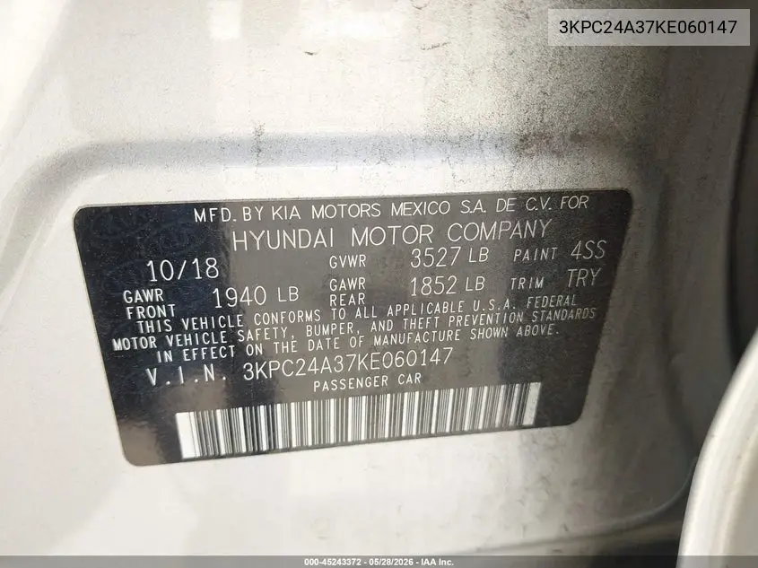 2019 Hyundai Accent Se VIN: 3KPC24A37KE060147 Lot: 45243372