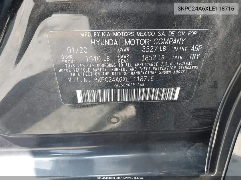 2020 Hyundai Accent Se VIN: 3KPC24A6XLE118716 Lot: 45434393