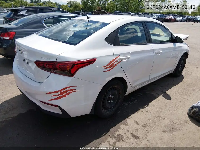 2021 Hyundai Accent Se VIN: 3KPC24A6XME153113 Lot: 45382451