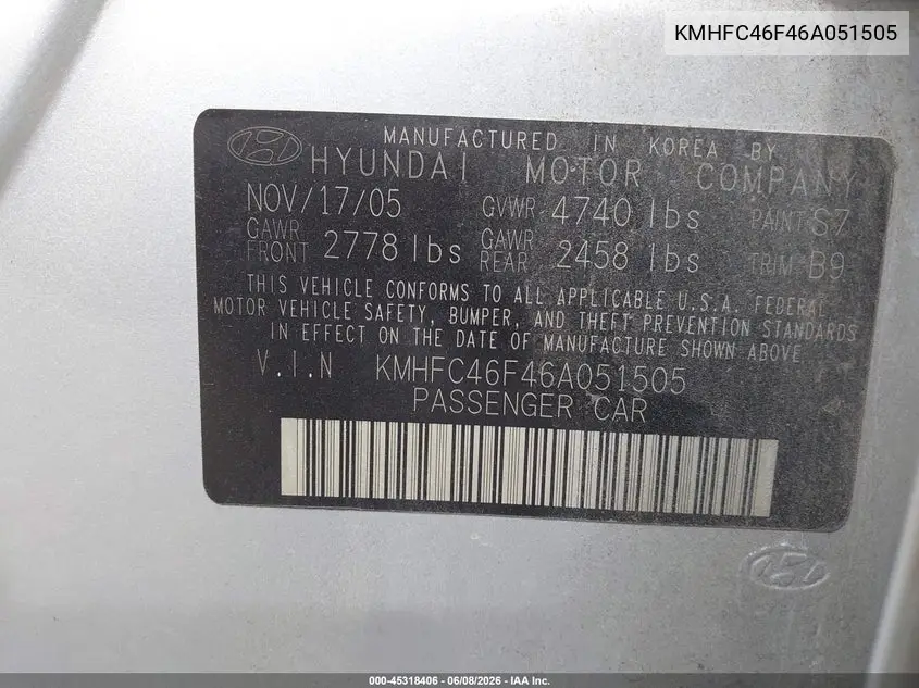 2006 Hyundai Azera Limited/Se VIN: KMHFC46F46A051505 Lot: 45318406
