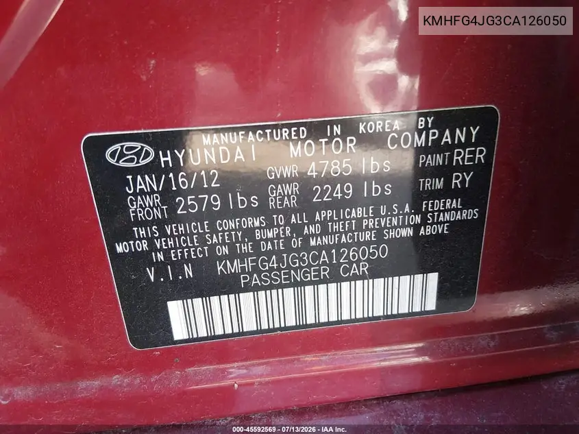 2012 Hyundai Azera VIN: KMHFG4JG3CA126050 Lot: 45592569