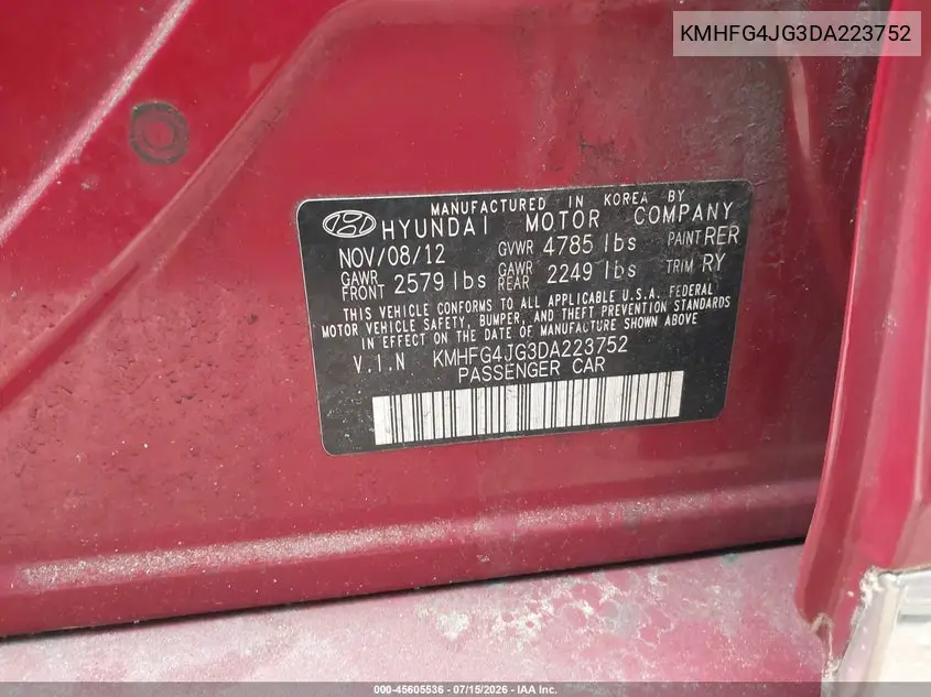 2013 Hyundai Azera VIN: KMHFG4JG3DA223752 Lot: 45605536