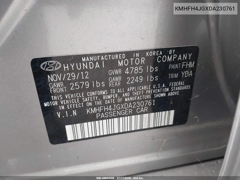 2013 Hyundai Azera VIN: KMHFH4JGXDA230761 Lot: 45653386