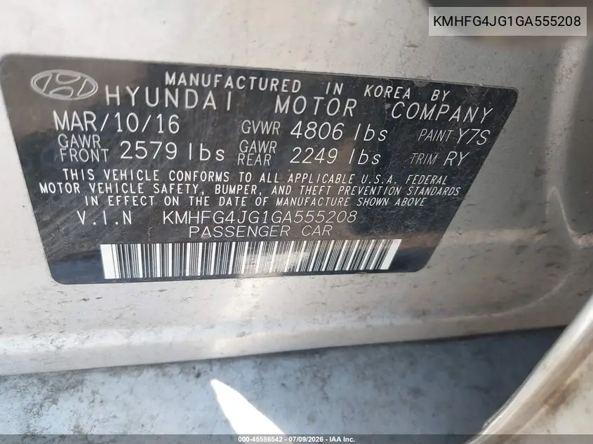 2016 Hyundai Azera VIN: KMHFG4JG1GA555208 Lot: 45586542