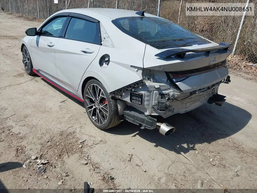 2022 Hyundai Elantra N VIN: KMHLW4AK4NU008651 Lot: 44831027