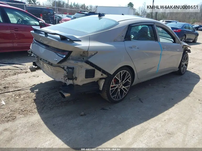 2022 Hyundai Elantra N VIN: KMHLW4AK4NU008651 Lot: 44831027