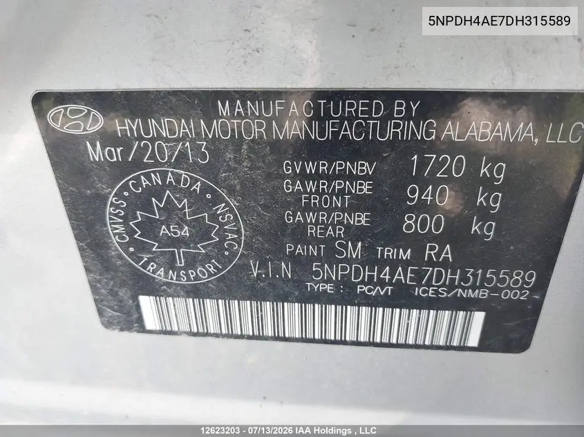 2013 Hyundai Elantra Gl VIN: 5NPDH4AE7DH315589 Lot: 12623203