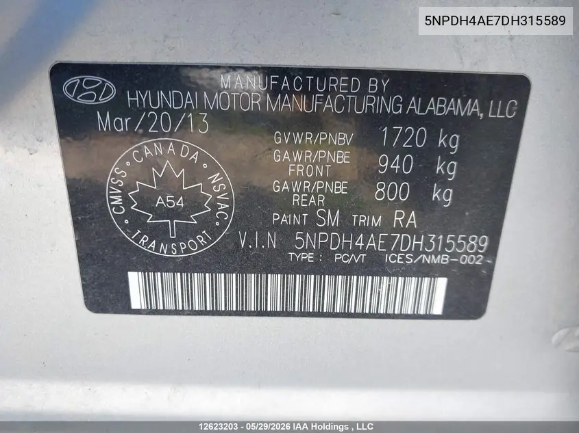 2013 Hyundai Elantra Gl VIN: 5NPDH4AE7DH315589 Lot: 12623203
