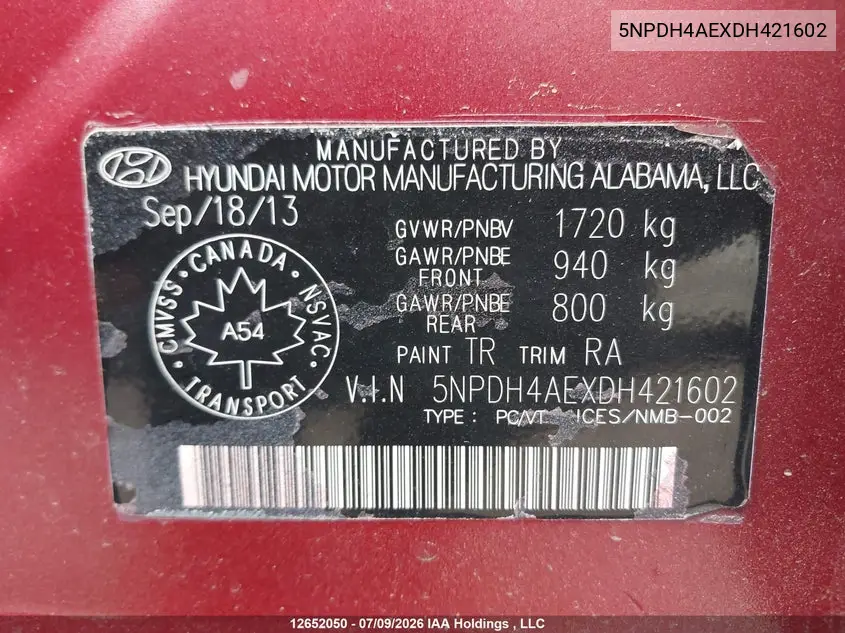 2013 Hyundai Elantra Gl VIN: 5NPDH4AEXDH421602 Lot: 12652050x