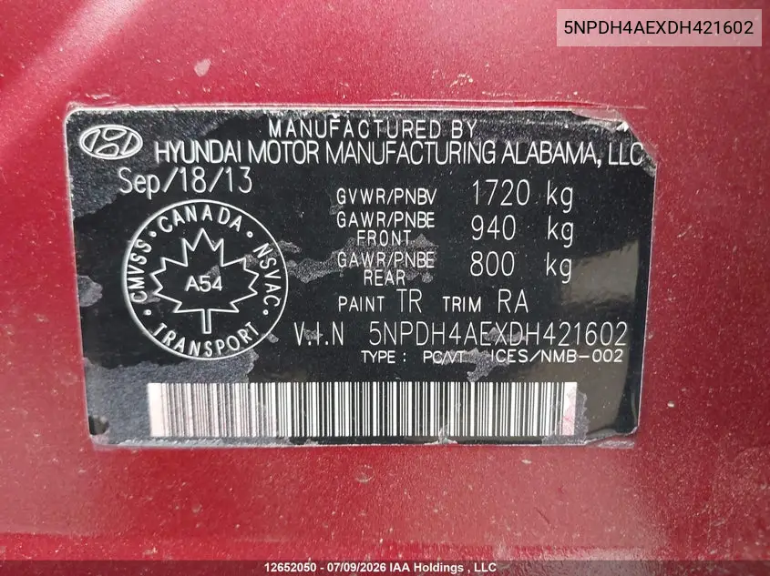 2013 Hyundai Elantra Gl VIN: 5NPDH4AEXDH421602 Lot: 12652050x