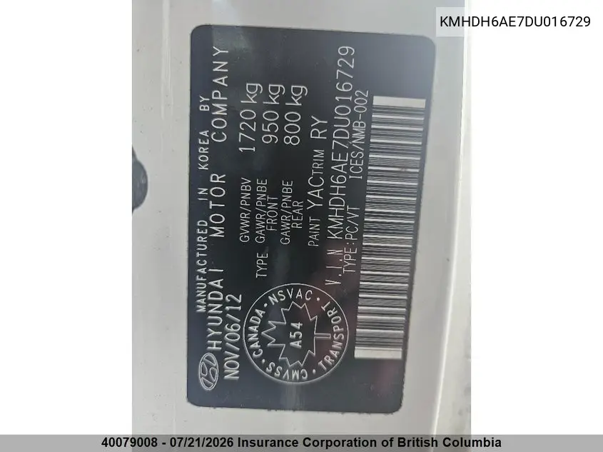 2013 Hyundai Elantra Se VIN: KMHDH6AE7DU016729 Lot: 40079008