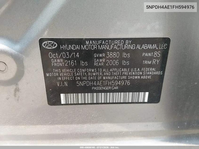 2015 Hyundai Elantra Se VIN: 5NPDH4AE1FH594976 Lot: 45686168