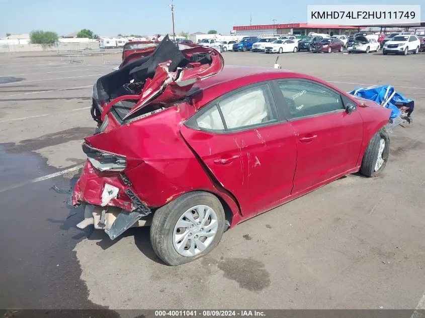 KMHD74LF2HU111749 2017 Hyundai Elantra Se