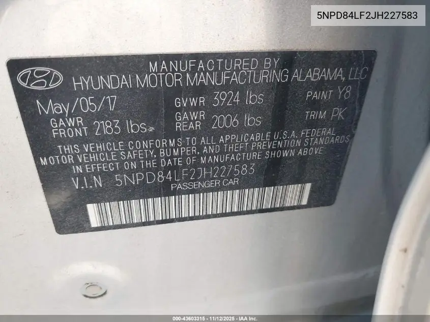 5NPD84LF2JH227583 2018 Hyundai Elantra Sel