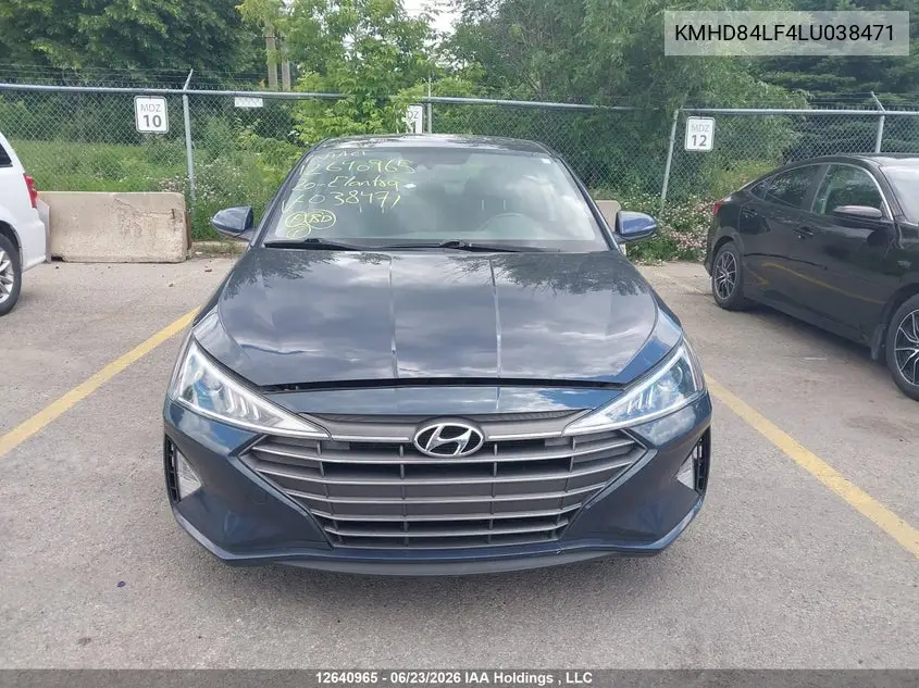 2020 Hyundai Elantra VIN: KMHD84LF4LU038471 Lot: 12640965