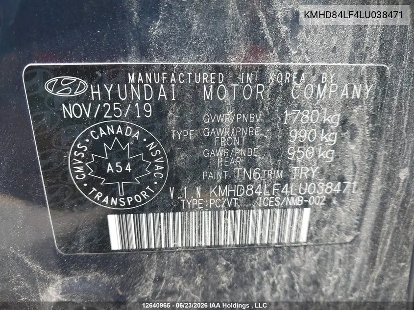 2020 Hyundai Elantra VIN: KMHD84LF4LU038471 Lot: 12640965