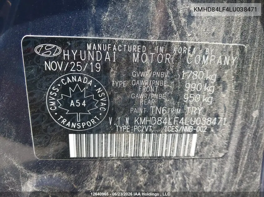 2020 Hyundai Elantra VIN: KMHD84LF4LU038471 Lot: 12640965