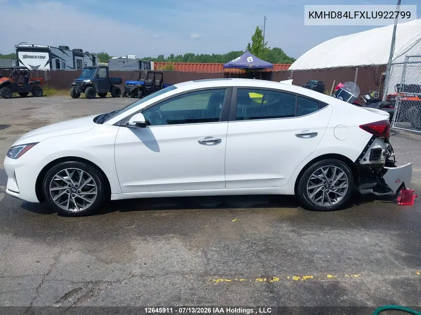 2020 Hyundai Elantra Sel/Value/Limited VIN: KMHD84LFXLU922799 Lot: 12645911