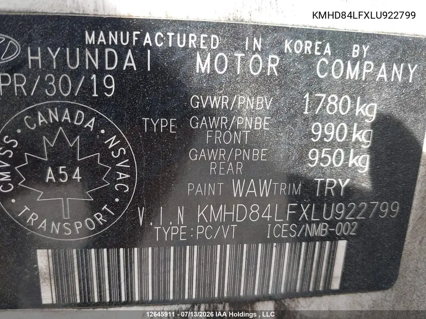2020 Hyundai Elantra Sel/Value/Limited VIN: KMHD84LFXLU922799 Lot: 12645911
