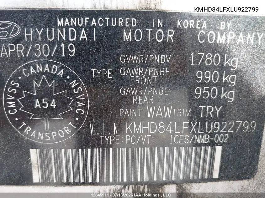 2020 Hyundai Elantra Sel/Value/Limited VIN: KMHD84LFXLU922799 Lot: 12645911