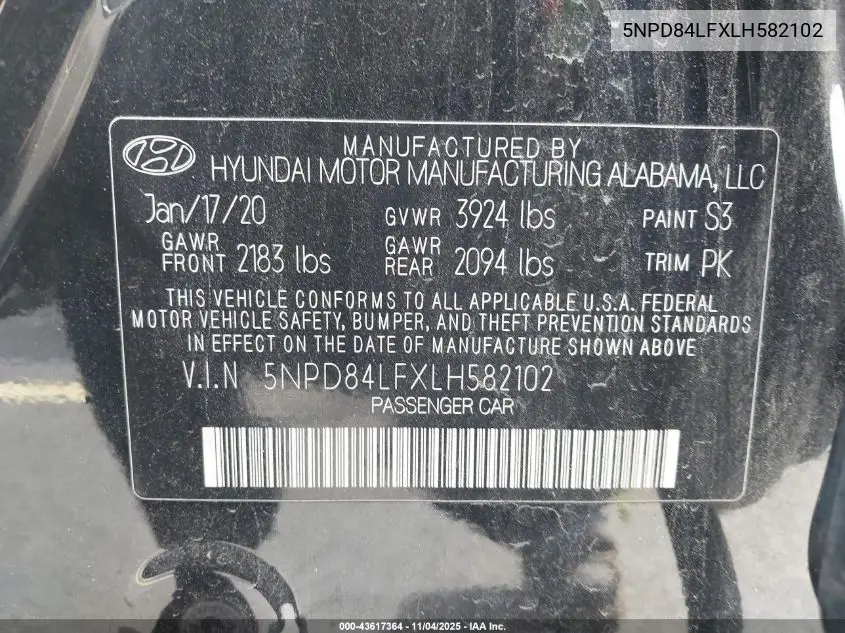 5NPD84LFXLH582102 2020 Hyundai Elantra Sel