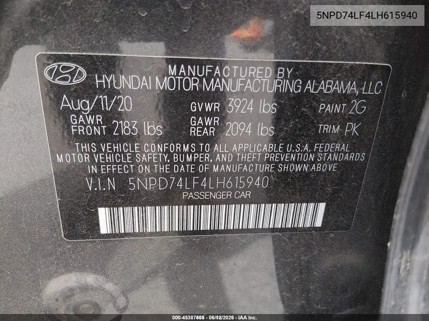 2020 Hyundai Elantra Se VIN: 5NPD74LF4LH615940 Lot: 45387408