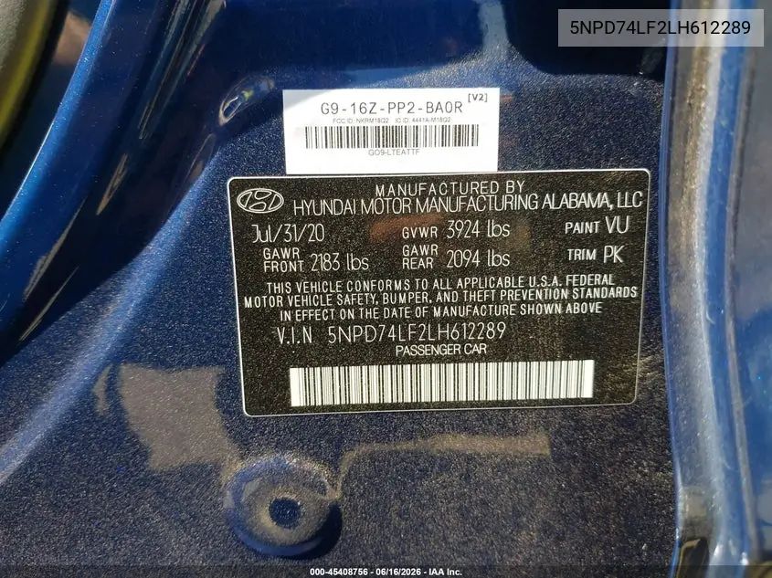 2020 Hyundai Elantra Se VIN: 5NPD74LF2LH612289 Lot: 45408756